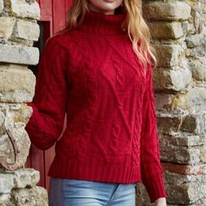 Aran Mor TRADITIONAL TURTLE NECK SWEATER R2080 Red Merino Wool Size Small